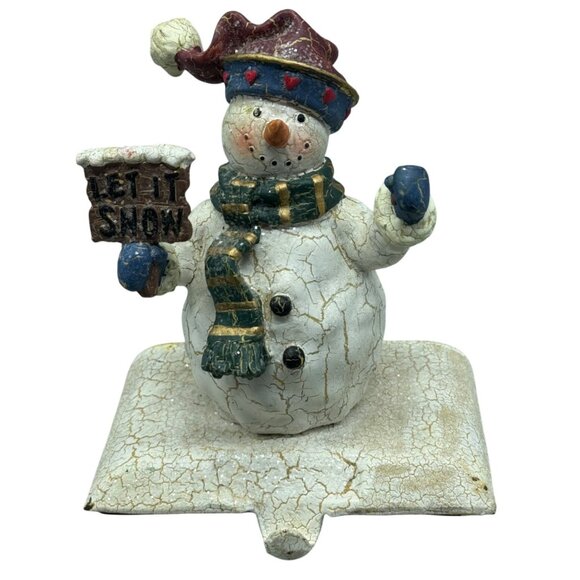 Vintage Snowman Stocking Hanger "Let It Snow" With Top Hat & Scarf Crackle READ - Picture 1 of 7